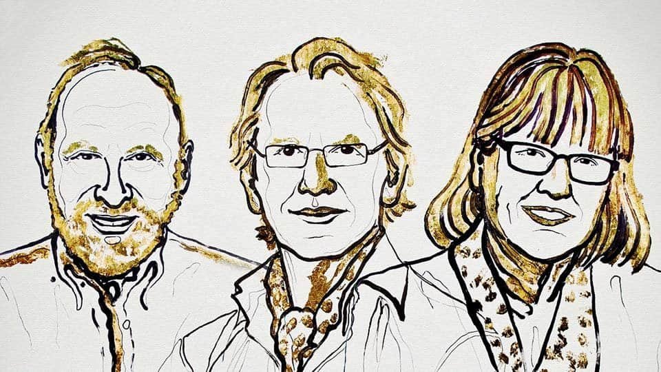 Retratos de los tres ganadores en la Real Academia de las Ciencias de Suecia